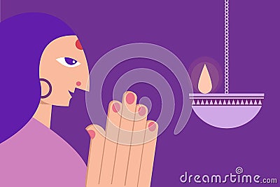 Indian Woman praying in-front of a lighted lamp Vector Illustration