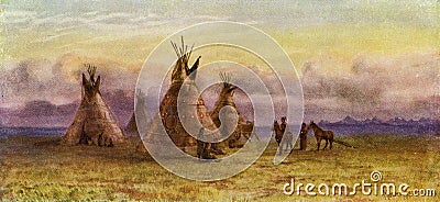 illustration of indians and their wigwams Cartoon Illustration