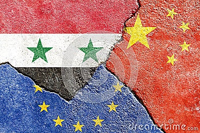 Illustration indicating the political conflict between Syria-EU-China Cartoon Illustration