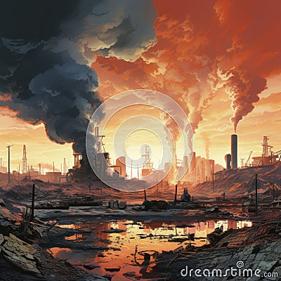 Illustration with the industrial age downfall, global warming, pollution and human impact on the planet Stock Photo