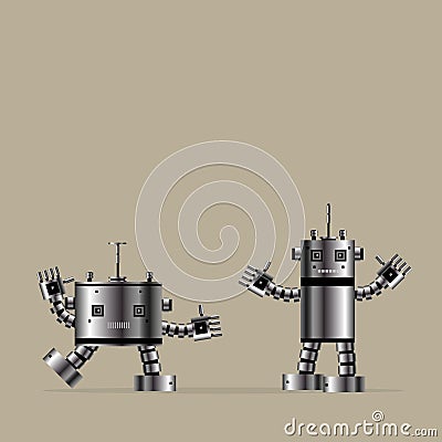 Illustration Industrial technology robotics symbol concept toys children happy smiling robots two artificial intelligence high tec Stock Photo