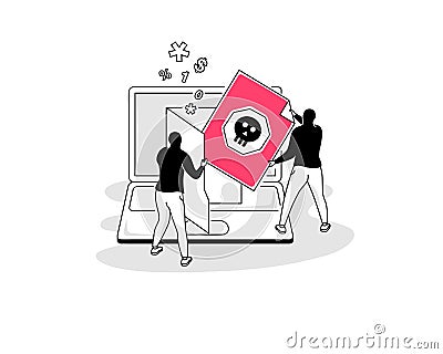 Illustration of an infected file symbol with a laptop, file folder and two hackers Vector Illustration
