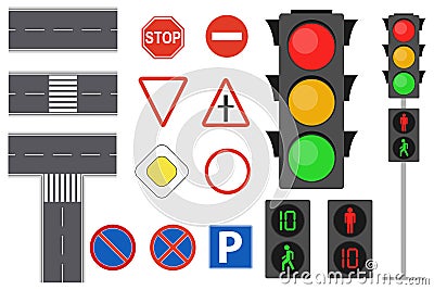 Illustration of info graphic traffic signs icons set concept. Traffic sign and lights realistic. Flat road signs set. Stock Photo