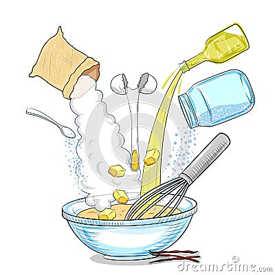 Ingredient of homemade healthy and fresh bakery item like cake, bread or pizza Vector Illustration