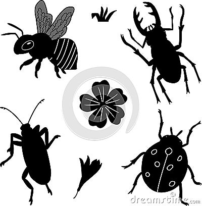 Black icons of insects. Vector illustration of stag beetle, ladybug, bee, and flowers Stock Photo