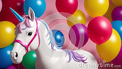 An Illustration Of An Inspiring Unicorn Statue Surrounded By Balloons AI Generative Stock Photo