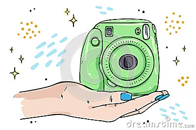 Illustration instant camera lies on the palm of your hand. Vector Illustration