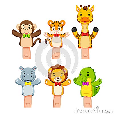 Interesting collection of wild animal hand puppets Vector Illustration