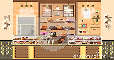 Illustration interior of bake shop, bake sale, business of baking sales, bakery and baking for production of bakery Vector Illustration