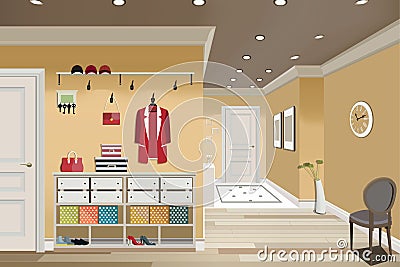 Illustration of an interior of a dressing room with clothes and an entrance door. Vector Illustration