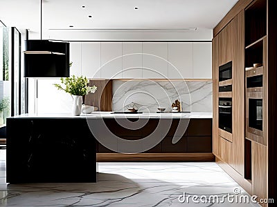 Illustration of the interior of a modern minimal and luxurious kitchen, natural lighting Stock Photo