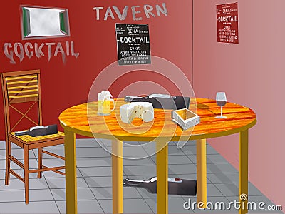 Illustration of the interior of a tavern with a set table Stock Photo