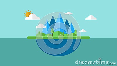 Illustration of an island with cloud and sun. Vector of an island. Stock Photo