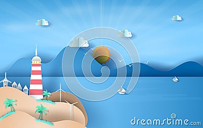 Illustration of Island with lighthouse on sea view sunlight blue sky,Summer time season concept,Boat floating in the sea on blue Vector Illustration