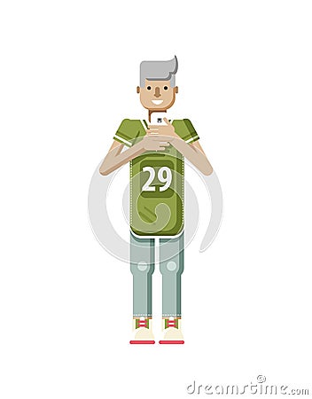 Illustration isolated of European blonde man in sports shirt and sweatpants, boy with smartphone in hand Cartoon Illustration