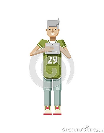 Illustration isolated of European blonde man in sports shirt and sweatpants, with laptop Cartoon Illustration