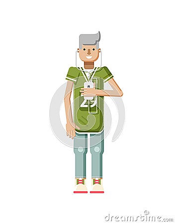 Illustration isolated of European blonde man in sports shirt and sweatpants, with smartphone Cartoon Illustration