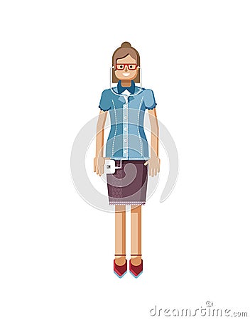 Illustration isolated European Brown hair woman with glasses, hipster blouse buttoned, and smartphone Cartoon Illustration