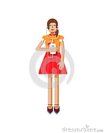 Illustration isolated of European girl with brown hair in red flared skirt, blouse, touch screen, smartphone Cartoon Illustration