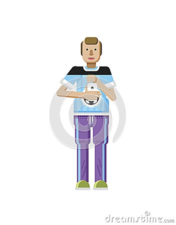 Illustration isolated of European man with blond hair, receding hairline, smartphone in hand Cartoon Illustration
