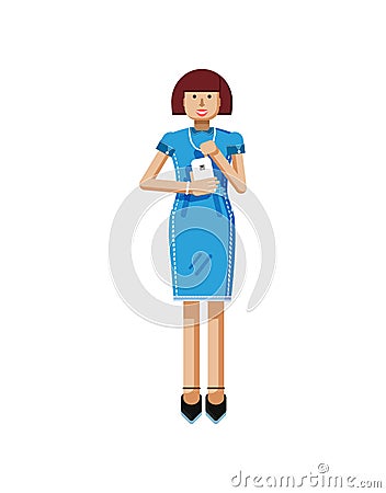 Illustration isolated of European middle-aged woman, brown hair, blue dress, touche screen, girl with smartphone in hand Cartoon Illustration