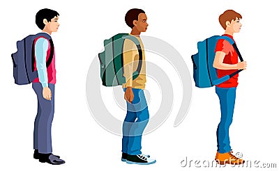 Isolated figures of boys standing with school backpacks Vector Illustration