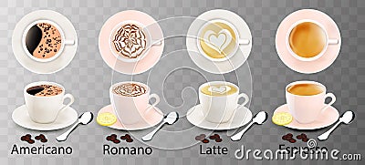 isolated white cups of coffee with a spoon, top and side view, romano, americano, espresso, latte Vector Illustration
