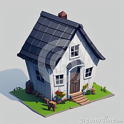 3D low poly house on a plain background Cartoon Illustration