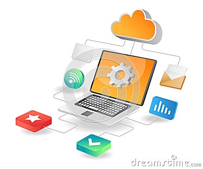 Illustration isometric concept. Cloud server data network working process Vector Illustration