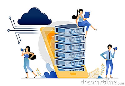 Illustration of isometric database hardware out of smartphones connected to cloud data network. Vector design can be use for Vector Illustration