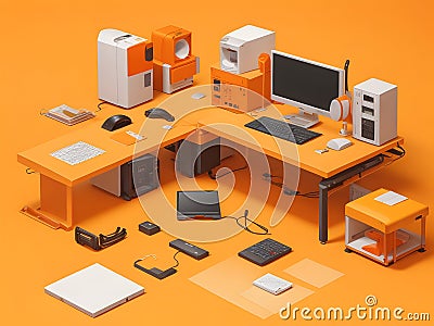 Illustration isometry office and workplace.Carriers Cartoon Illustration