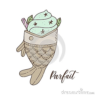 Illustration of japanese corean fish shaped parfait with matcha flavor ice-cream and toppings. Vector Illustration