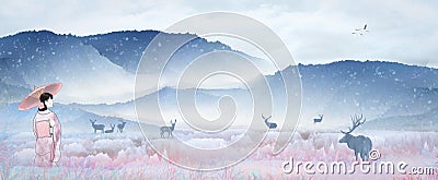 Illustration Japanese kimono girl playing in the fairyland scenery, snow sika deer resting at the lake to drink water Stock Photo