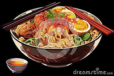 Illustration of japanese noodle ramen with egg and vegetables, Delicious bowl of ramen noodles, AI Generated Stock Photo