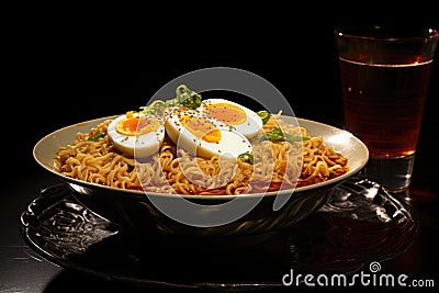 Illustration of japanese noodle ramen with egg and vegetables, Delicious bowl of ramen noodles, AI Generated Stock Photo