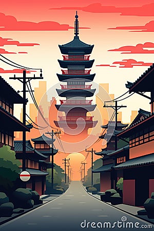 An illustration of a japanese pagoda in the sunset, AI Cartoon Illustration
