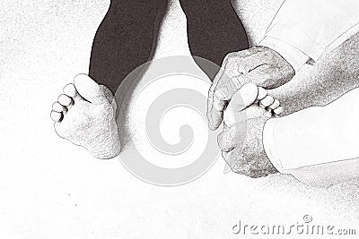 Illustration of Japanese Reiki technique application on a person's feet Cartoon Illustration