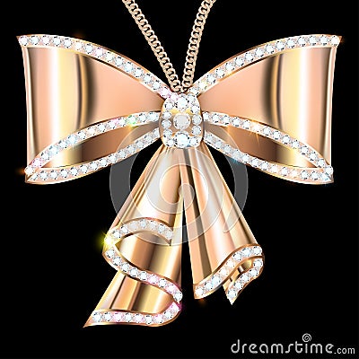 Jewel brooch pendant bow gold with precious stones Vector Illustration