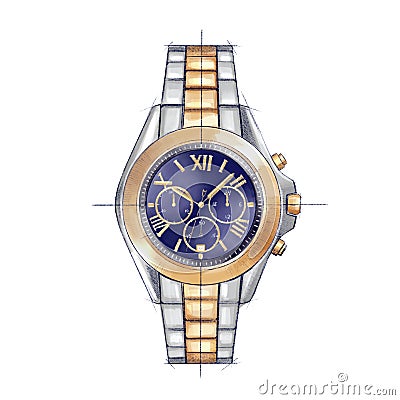 Illustration of jewellery watches. Gold watch illustration. Isolated object on white background. Cartoon Illustration