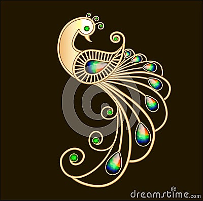 jewelry gold brooch peacock with precious stones Vector Illustration