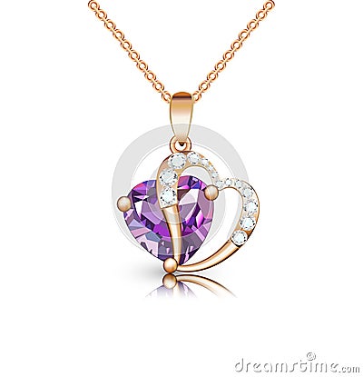 jewelry gold pendant heart made of gemstone on a chain with reflection Vector Illustration