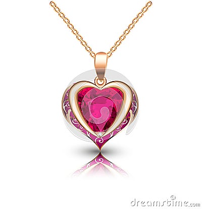 jewelry gold pendant heart made of gemstone on a chain with reflection Vector Illustration