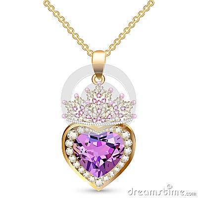 jewelry gold pendant heart made of gemstone with a crown on a chain Vector Illustration