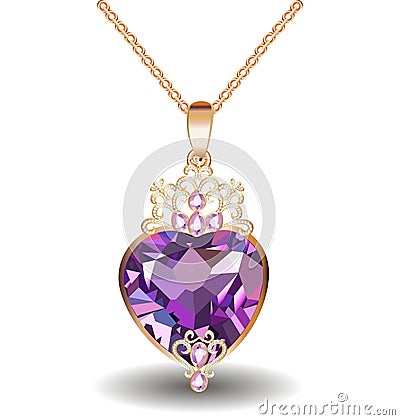 jewelry gold pendant heart made of gemstone with a crown on a chain Vector Illustration