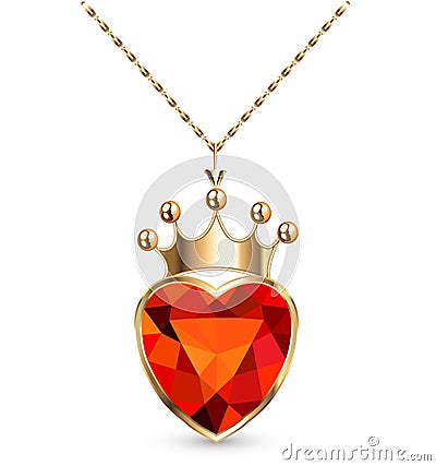 jewelry gold pendant heart made of gemstone with a crown on a chain Vector Illustration