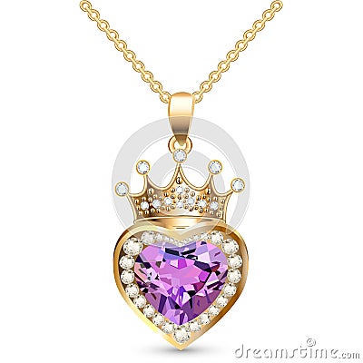 jewelry gold pendant heart made of gemstone with a crown on a chain Vector Illustration
