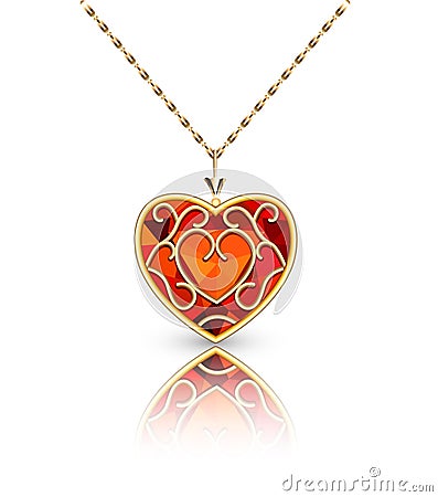 jewelry gold pendant heart made of ruby gemstone on a chain with reflection Vector Illustration