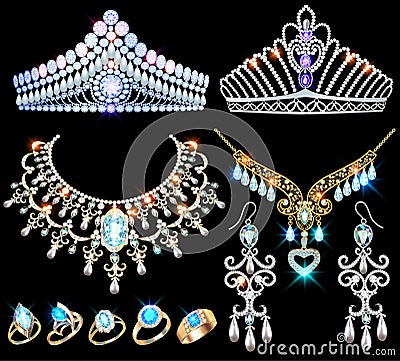 jewelry set with a chain with a pendant, earrings, necklace and tiara with multi-colored precious stones, beads Vector Illustration