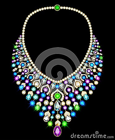 jewelry women`s gold necklace with precious stones Vector Illustration