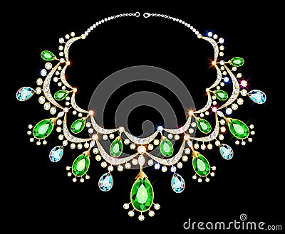 jewelry women`s gold necklace with precious stones and emeralds Vector Illustration